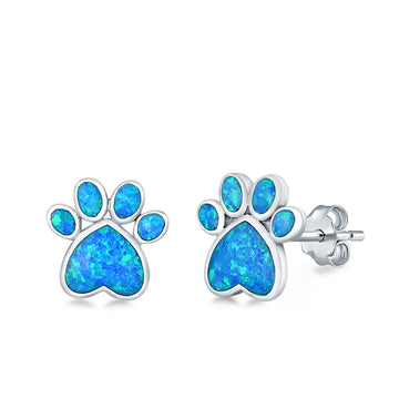 Paw Prints Stud Earrings Lab Created Blue Opal 925 Sterling Silver (10mm)